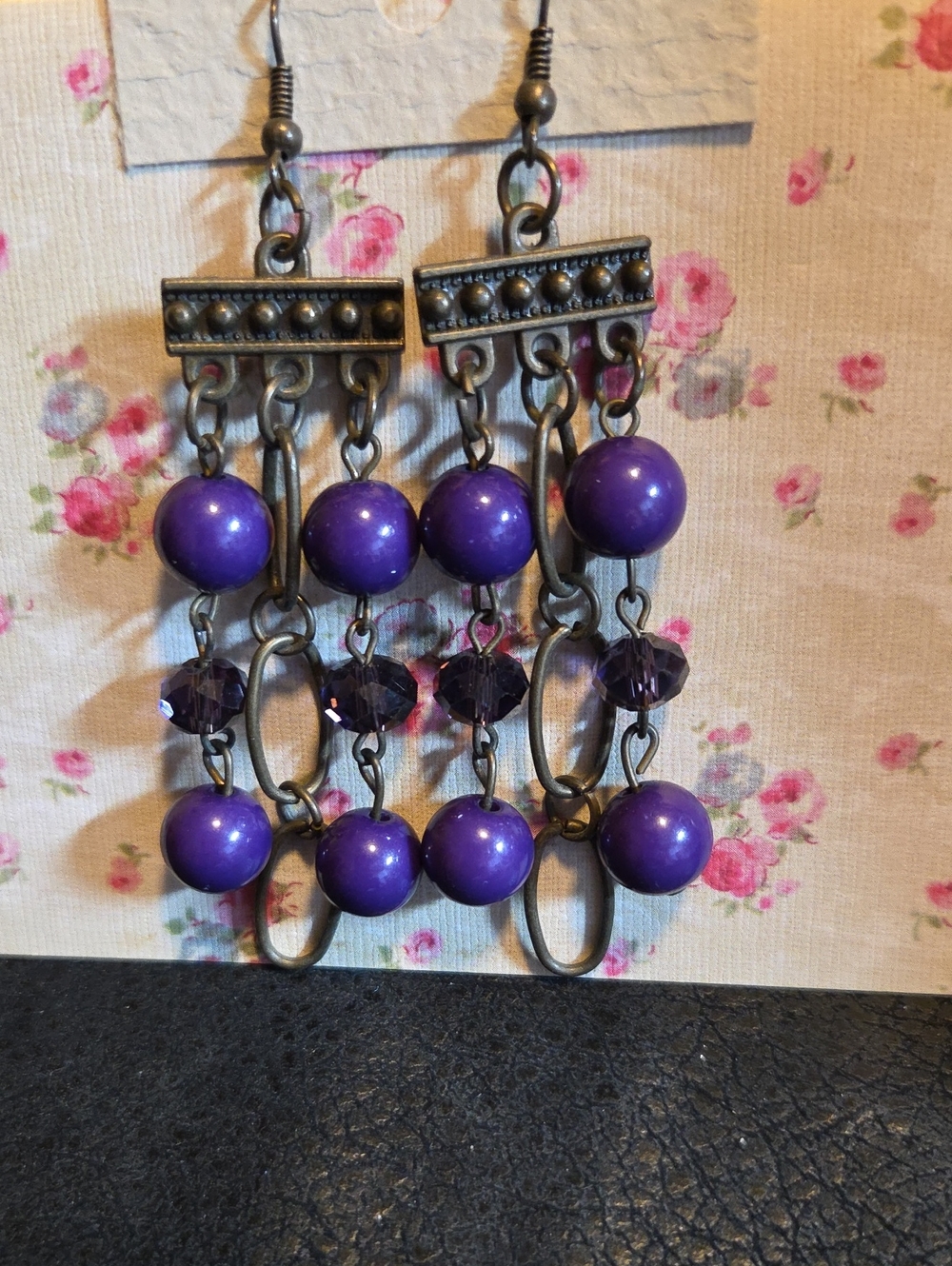 Purple Beaded Drop Earrings - Vintage-Inspired Antique Gold Finish 3inches Long